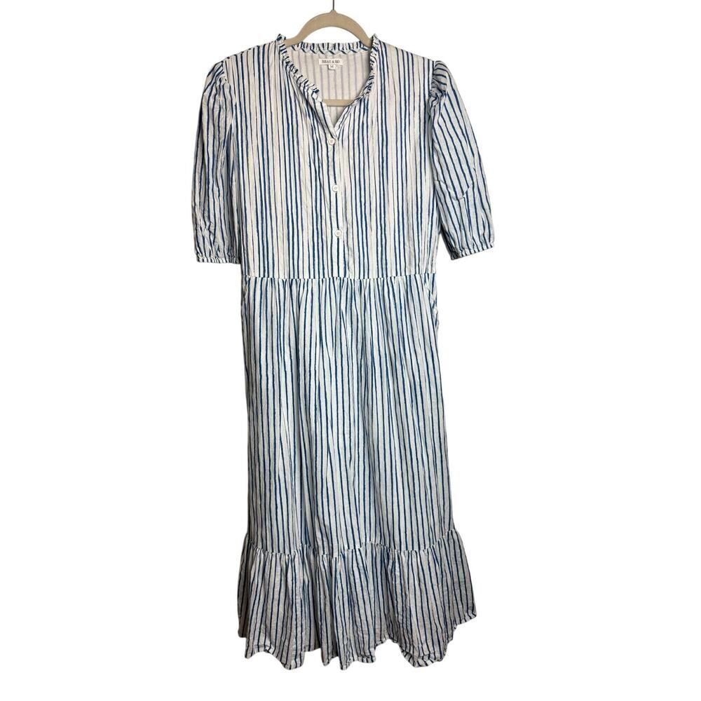 Beau & Ro Striped Hand Printed Cotton Midi Dress Sz. M